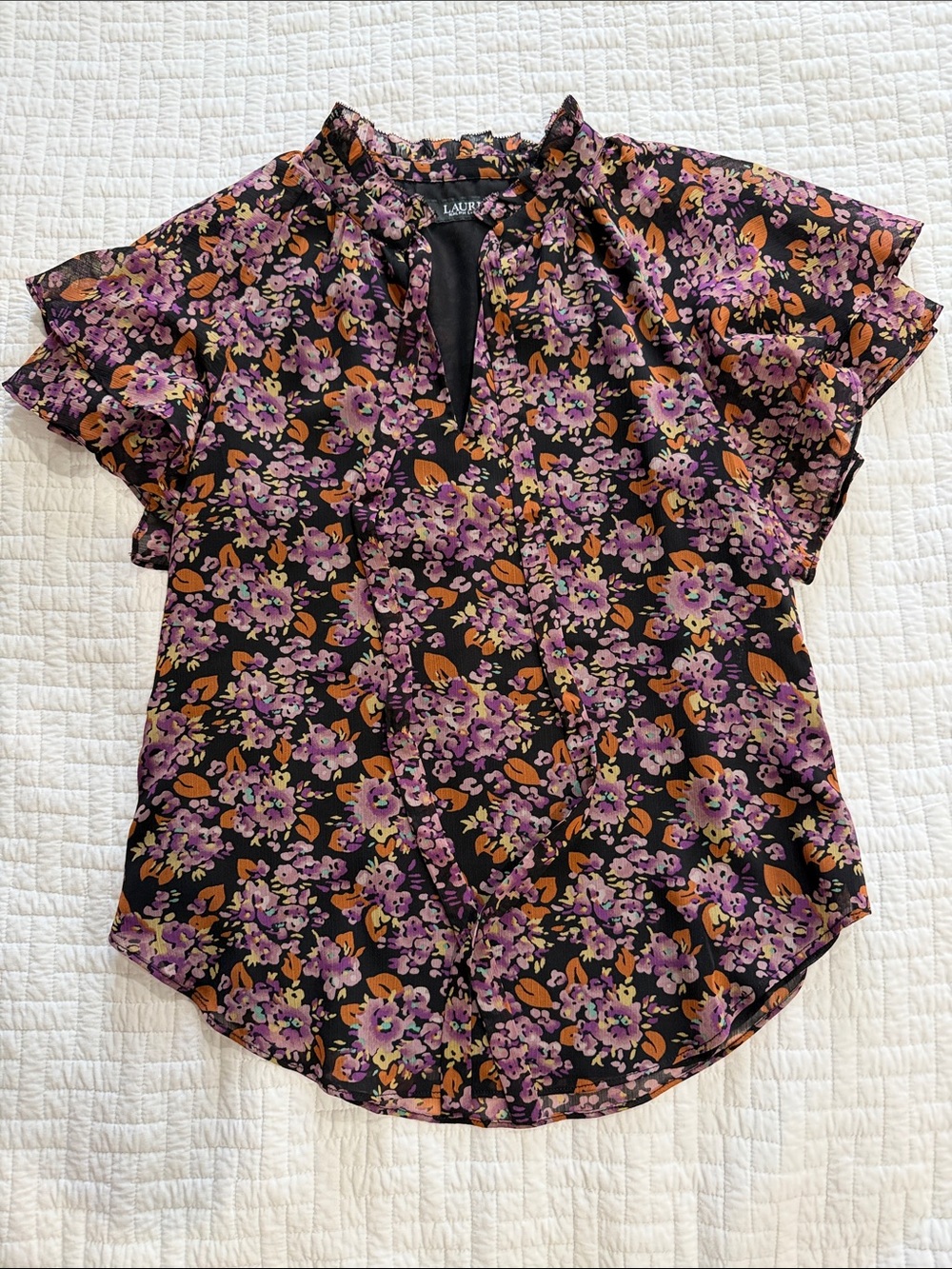 NWOT Lauren Ralph Lauren Black Floral Short-Sleeve Tie-Front Blouse